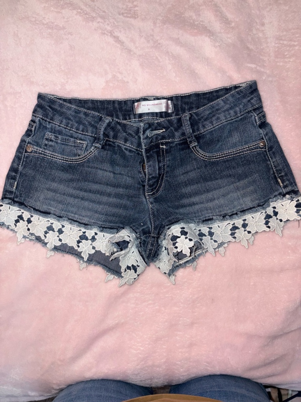 No Boundaries Dark Blue Denim Shorts with White Lace Trim